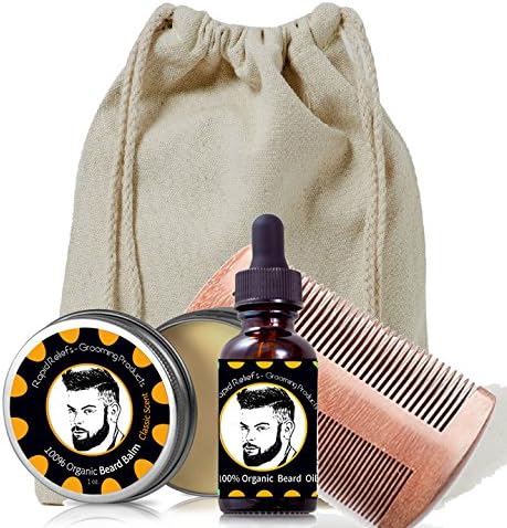 Beard Gift Set - All-In-One Beard Care Kit with two sided Wooden Beard/Hair Comb, Beard Balm (Clasic)& Beard Oil both 100% organic- in Canvas bag