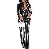 Rizorca Womens Striped 2 Piece Outfits Sets Casual Long Sleeve Button Down Shirt and Wide Leg Pants with Pockets