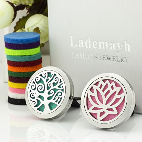 2 Styles Stainless Steel Essential Oil Car Diffuser Vent Clip Lotus & Tree of Life Aromatherapy Locket (30mm, 12 Colors Pads) by Lademayh