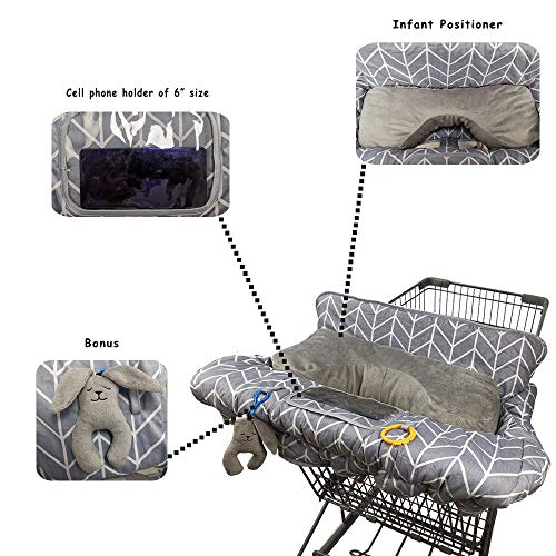 Shopping Cart Cover for Baby Cotton, Minky Bolster Positioner, 6.5" Cellphone Holder and Toy, High Chair Cover for Boy Girl,Infant Grocery Cart Cushion Liner Large Grey