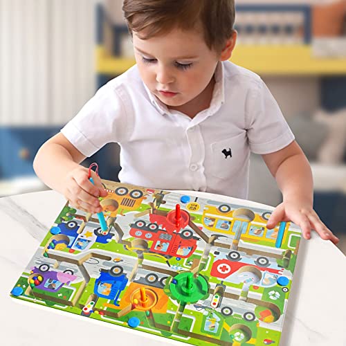 WOOD CITY Maze Board Game, Wooden Color Maze for Kids