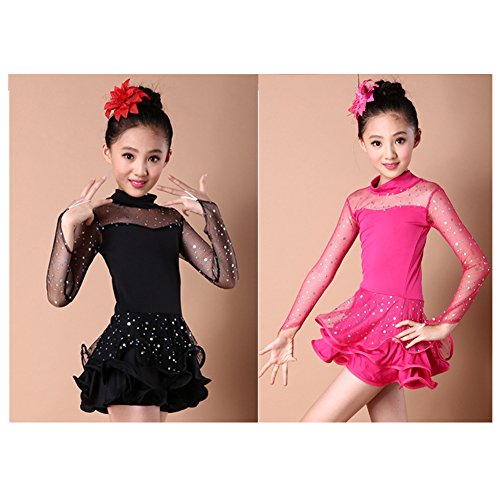 Girls Sequin Dance Costume Latin Rumba Dance Dress Spandex Ballroom Dancewear (Rose red, 7-8) - Thumbnail 3