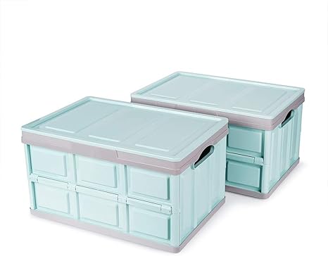 Amazon Amazonブランド Umi ウミ 収納ケース ２個セット 折りたたみコンテナ 収納ボックス ふた付き プラスチック 小物 おもちゃ 衣類収納 大容量 積み重ね 組立簡単 防塵 防カビ 防湿 多機能 奥行約52 5 幅約35 5 高さ約28 5cm グリーン グレー 収納ケース