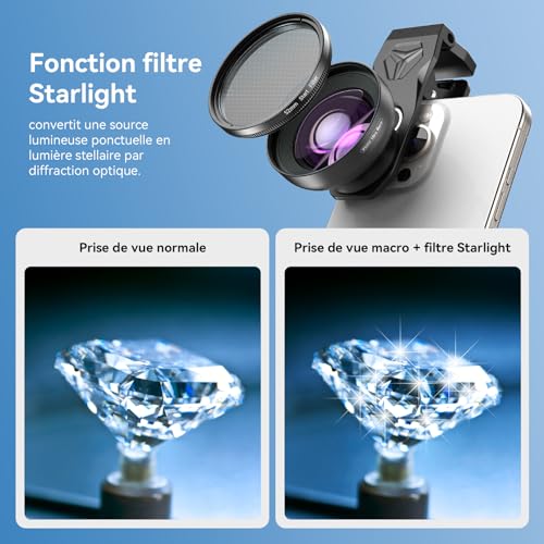 APEXEL HB100Ultra Objectif Macro HD pour Téléphone avec Filtre CPL et Lumière des étoiles 52 mm, Ouverture F1.05 et Revêtement AF, Objectif Telephone Portable Adapté à iPhone, Samsung, Pixel, etc.