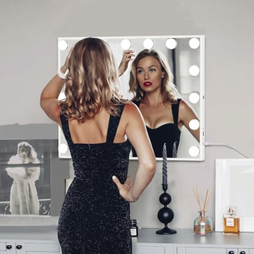 FENCHILIN Vanity Mirror with Lights, Hollywood Lighted Makeup Mirror with 15 Dimmable LED Bulbs for Dressing Room & Bedroom, Slim Metal Frame Design, White