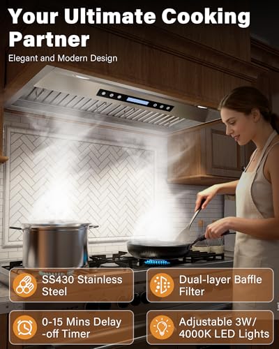 FLYPINE 30 inch Built in/Insert Range Hood 900 CFM, Stainless Steel | Touch Control, 4-Speed Fan, Ducted/Ductless Convertible, LED Lights, Quiet Operation, Dishwasher Safe Filters