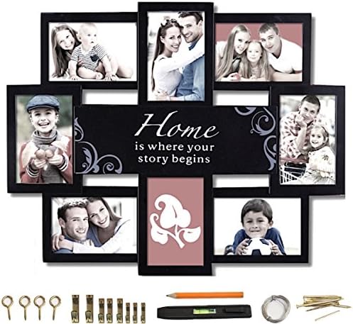 Modern Black Collage Photo Frame 22" x 17.25" [ 3.5” x 5.5" Photo Windows For 4" x 6” Pictures ] 8 Glass Photo Windows words "Home Is Where Your Story Begins" BUNDLE Picture Hanging Kit + Level