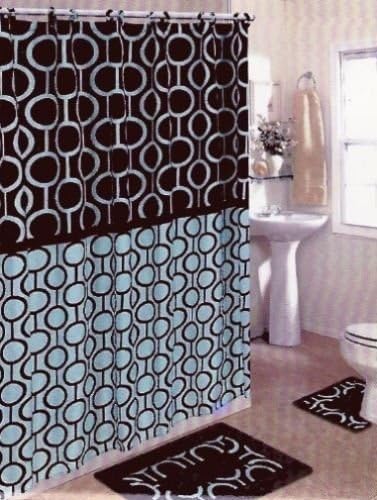 Brown &amp; Blue Marion 15-Piece Bathroom Set W/ Bath Rugs Shower Curtain &amp; Rings
