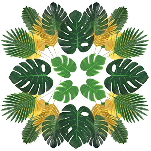 JOHOUSE Artificial Palm Leaves, 68PCS 7 Kinds Golden Faux Tropical Monstera Leaves with Stems Simulation Safari Leaves for Hawaiian Luau Party, Jungle Beach Theme Party, Table Leaves Decorations