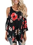 Alvaq Women Summer Casual 3 4 Long Sleeve Sexy Ladies V Neck Cold Shoulder Floral Top Plus Size Blouses Tunic Black