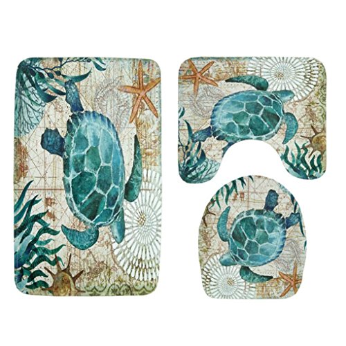 image for Sothread 3PC/Set Non-Slip Sea Turtle Octopus Printed Mat U pad+Lid Toi