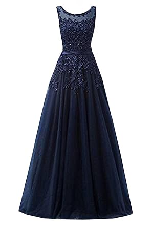 Ever Love A-Linie Lang Spitze T¨¹ll R¨¹ckenfrei Abendkleid Ballkleid Hochzeit Brautjungfernkleid mit Tr?ger