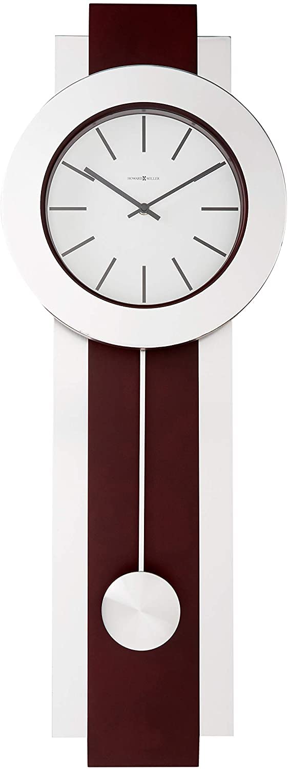 Howard Miller Bergen Wall Clock 625-279 – Modern, Merlot Cherry Finish, Brushed Nickel Pendulum, Bezel & Sidebars, Quartz Movement, Black Bar Hour Markers
