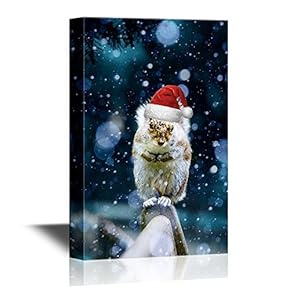 Squirrel with a Christmas Hat on a Bench
