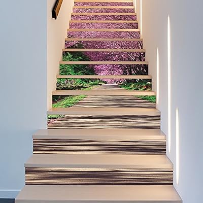 Amaonm 13pcs 7"h x39"w Creative Decorative 3D Cherry Flowers Road Self-adhesive Stair Riser Decal - Stair Stickers Decals Wallpaper for Walls Kitchen Bathroom Stair Decals Home Decorations (FS061)