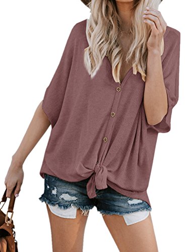 Mai Poetry Womens T Shirts Short Sleeve Blouse Front Knot V Neck Button Down Loose Tunic Tops (XX-Large, Wine Red)
