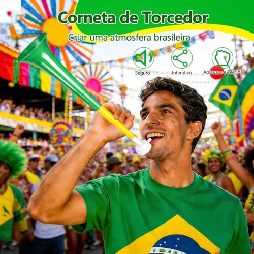 Kit Torcedor Brasil Copa 2026 12 Peças – Fantasia Completa com Faixa Cabeça, Óculos, Bandeira 150x90cm, Bastões Infláveis, Corneta, Tinta Facial e Lança Confete – Festa Churrasco Premium