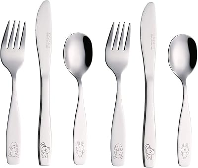 EXZACT Childrens Cutlery Set Stainless Steel 6pc Kids Toddler Utensils Dog Cat