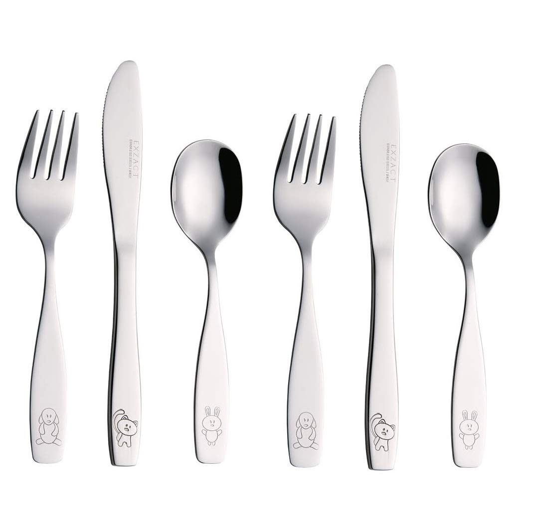 Exzact Children's Cutlery Stainless Steel 6pcs Set/Kids Cutlery/Toddler Utensils/Flatware - 2 x Forks, 2 x Safe Dinner Knives, 2 x Dinner Spoons - Engraved Dog Cat Bunny Design, WF850