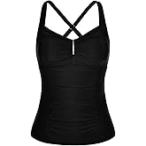Hilor Women's Tankini Tops Shirred Tummy Control Swimsuits Cross Back Tankini Swimwear Tops