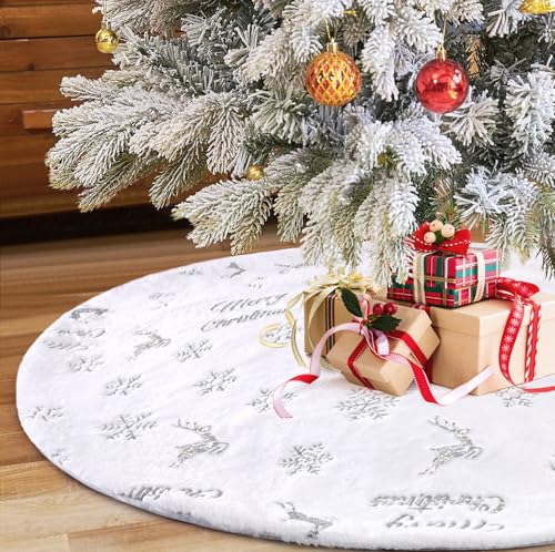 LOMOHOO Round Christmas Tree Blanket 90cm Christmas Tree Skirt with Silver Sequin Snowflake White Plush Blanket for Xmas Tree Decoration
