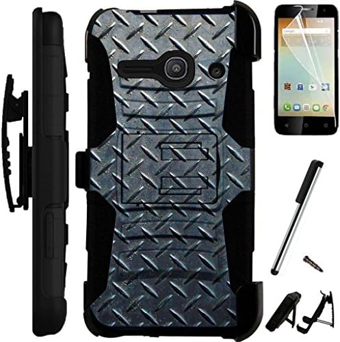 For Alcatel One Touch Pixi Pulsar LTE Phone Case A460G Armor Hybrid Silicone Phone Cover Kick Stand LuxGuard Holster+LCD Screen Protector+Stylus (CrossHatch/Black)