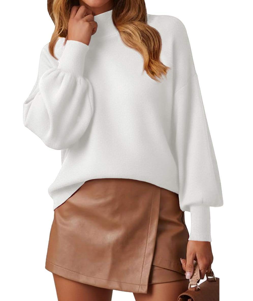 Photo 1 of WEACZZY White Sweaters for Women Long Lantern Sleeve Mock Neck Oversized Pullover Sweater Knitted Fall Fashion Tops Cream M
