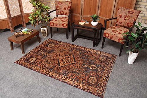 Brown &amp; Brown Geometric Pattern Hand Knotted Wool Tribal Vintage Classic Area Rug, Antique Traditional Living Room Distressed Rug, Turkish Home Oriental Décor rug, 3'8" x 5'7", Code:18031796