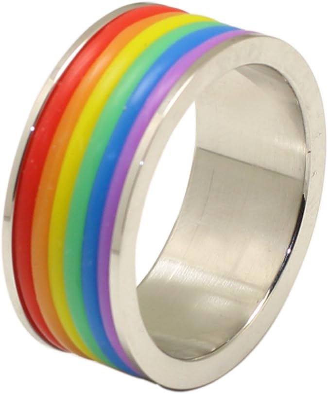 RAINBOW 9MM Gay Lesbian Wedding Stainless Steel Rubber Band Pride Ring
