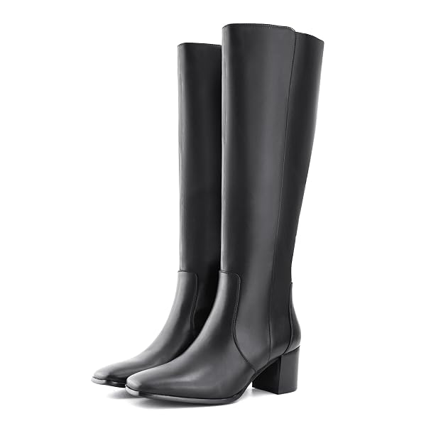 SHOE’N TALE WOMEN’S KNEE HIGH BOOTS SQUARE TOE MID CHUNKY BLOCK HEELED TALL BOOTS SIDE ZIPPER(9,BLACK PU)