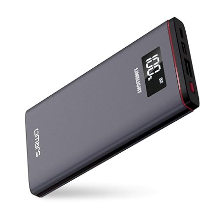Omars Powerbank 10000mAh Externer Akku 2 Ausgänge USB Fast Charge 18W & Typ C Power Delivery 18W & 2 Eingänge, LCD Digital Di
