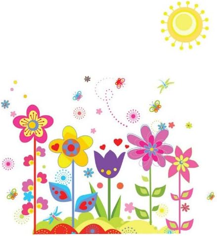 Wallmates Home Decor Mural Vinyl Wall Sticker Cartoon Colorful Flowers Butterflies Kids Nursery Room Wall Art Decal Paper