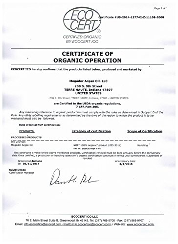 Mogador Argan Oil Certified Organic 100% Pure Argan Oil, 4 fl. oz (120 ml)