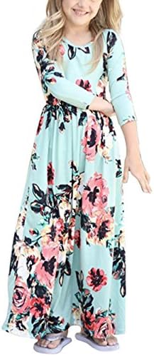 Girls 3/4 Sleeve Floral Maxi Dress Pleated Casual Swing Long Maxi Holiday Dress with Pockets