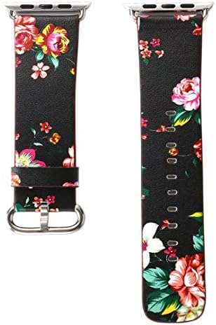 Watchband Replacement For Apple Watch Strap - Genuine Leather Watch Strap Buckle Black-Red Floral 38mm