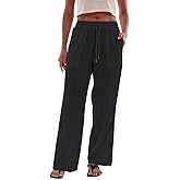 Amazhiyu Womens 100% Linen Wide Leg Elastic Lounge Pants Side Slit with Pockets Black, Medium