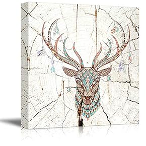 Square Canvas Wall Art - Abstract Colorful Deer with Antleron Vintage Wood Effect Background - Giclee Print Gallery Wrap Modern Home Art Ready to Hang - 12x12 inches