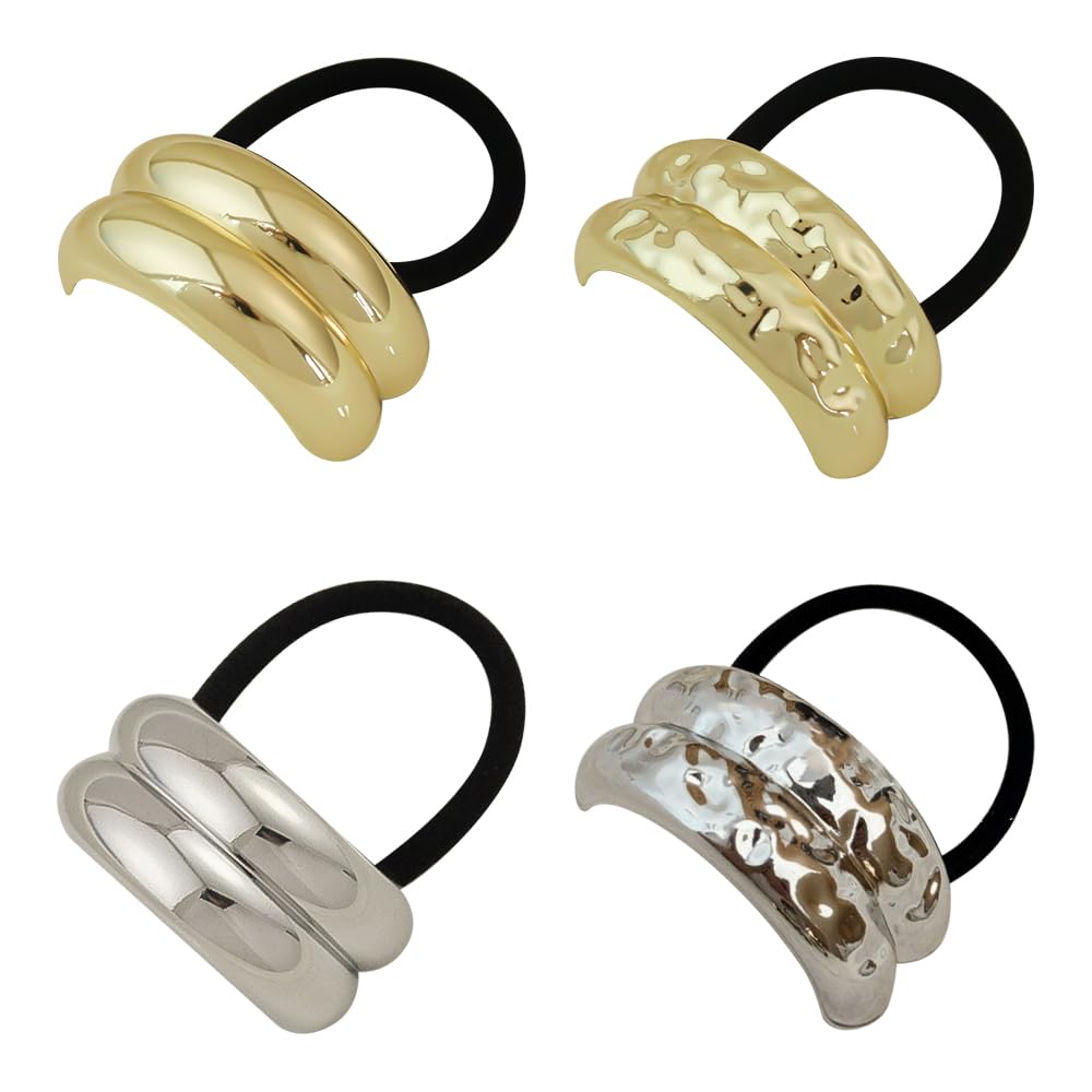 4Pcs Gold Metal Ponytail Cuff Hair Ties – Elastic Hair Bands for Thick Hair, Stylish Ponytail Holders & Accessories