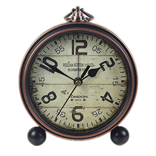 Justup Retro Table Clock, Non-Ticking Beside Table Desk Alarm Clock Vintage European Style Desk Shelf Mantle Clock Silent Metal Battery Operated Kids Bedroom Living Room (A) - Thumbnail 7