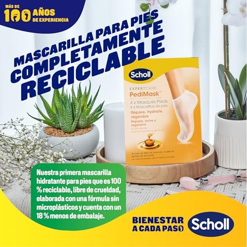 PediMask, Mascarilla para Pies Suaves con Miel de Manuka, Urea y Karité, Hidratación Profunda, Calcetines para Pies con Callos, Durezas y Grietas, Embalaje y Mascarilla Reciclables, 4 Pz