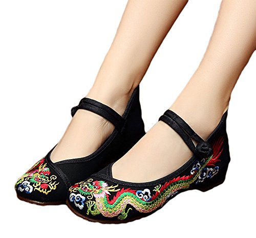 AvaCostume Chinese Traditional Dragon Embroidery Flats Cheongsam Shoes, Black, 37