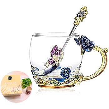 Tea Cup Coffee Mug Cups, Glass Coffee Cups Tea Mugs 2019 Handmade Butterfly Rose,12 oz (Blue) Ideal for Friend Wedding Anniversary Birthday Presents