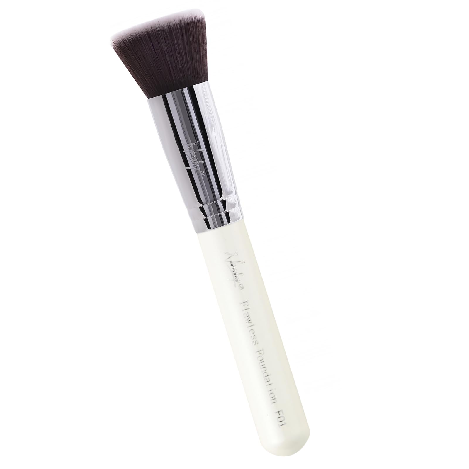 Nanshy Kabuki Flat Top Foundation Brush for Liquid Makeup - Flawless Foundation Blending Brush F01 - Buffing Buffer Face Make up Brush (White/Chrome, Full Size)