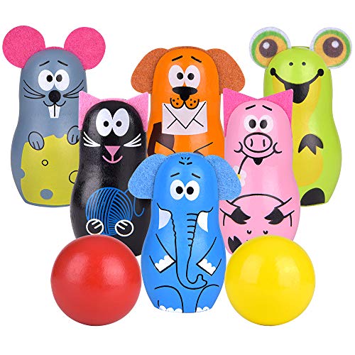Portzon Bowling Set, Wooden Bowling with 6 Pins 2 Balls, Educational Indoor Outdoor Early Ages Preschool Development Games