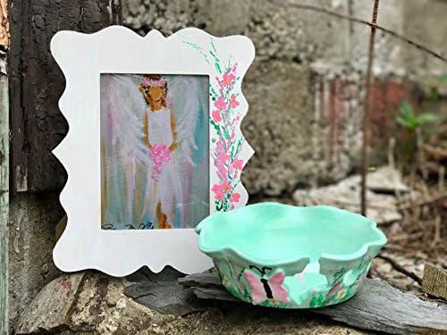 Hand Thrown Extral Large Yarn Bowl with Matching Framed Country Angel Print and Journal