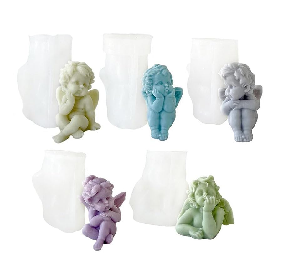 Xidmold 5pcs 3D Angel Silicone Moulds Mini Angel Candle Soap Mould Epoxy Resin Mould Silicone Angel Mold for Chocolate, Candy, Cake Decor, Soy Wax Candle, Soap, Polymer Clay, Plaster, Resin Art