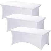 Fixwal 3 Pack White Table Cloths Rectangle 6FT, Tablecloths Rectangular Stretch Spandex Fitted Table Covers 6FT for Parties, Trade Shows, Banquet, Weddings, Buffet, Graduation Decorations