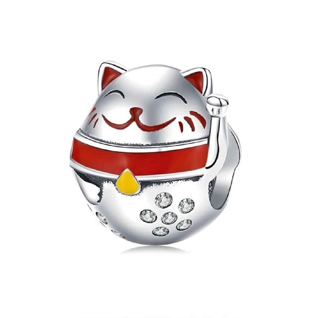 FeatherWish Sterling Silver 925 Charm Lucky Fortune Cat Animal Waving Japanese Maneki Neko Pet Kitten Family Bead Charm Compatible With Pandora Bracelets Gift Friend Wife Sister (Waving Cat)