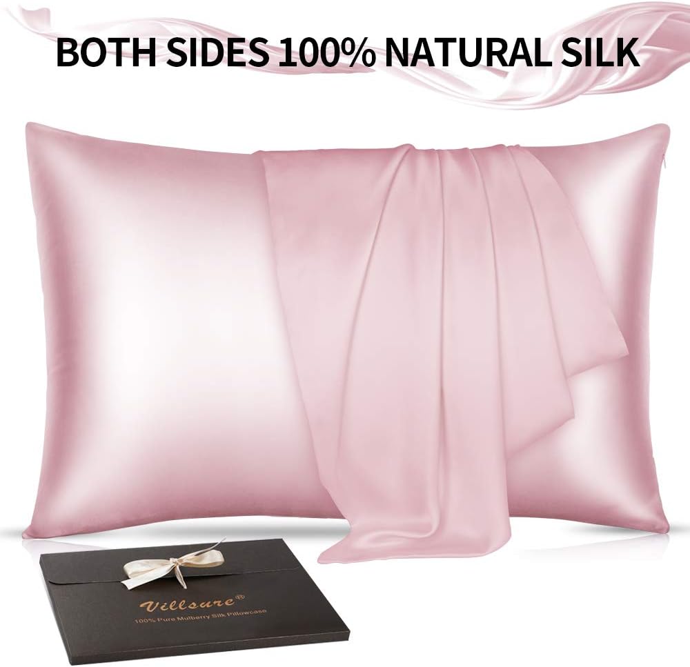 Villsure 19 Momme 100% Mulberry Silk Pillowcase with Hidden Zipper Design, Hypoallergenic Soft Breathable Both Side Natural Silk Pillow Cases for Hair and Skin, 1 Pack, Queen 20×30 Inch, Pink