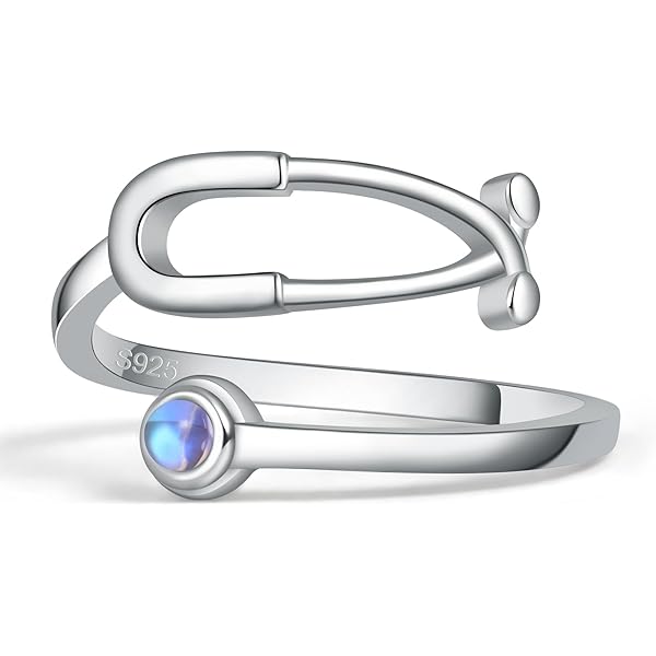 AOBOCO Sterling Silver Heartbeat EKG Ring With Simulated Sapphire - Adjustable Stethoscope Medical Jewelry For Nurses, Doctors, Students
